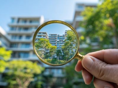 main qui tient une loupe faisant un gros plan sur des immeubles avec des arbres autour