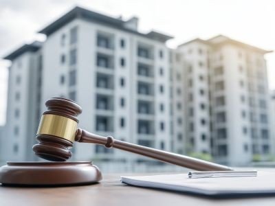 marteau de justice crayon et feuille de papier devant un immeuble