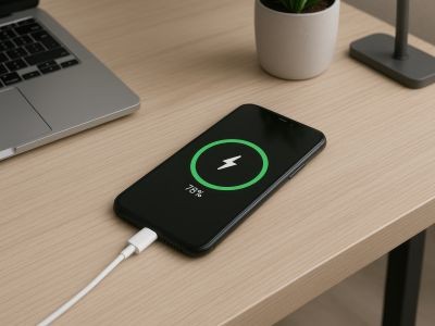 Chargement d’un smartphone sur un bureau avec un ordinateur portable et une plante, appareil en train de se recharger avec un câble de charge.