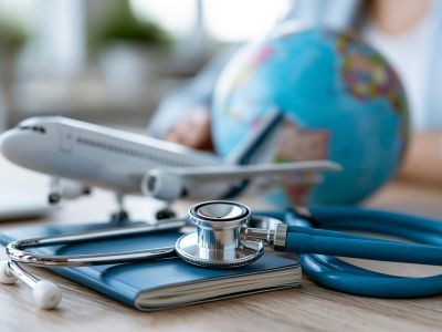 posés sur une table : une maquette d'avion, un globe terrestre, un stetoscope, un cahier