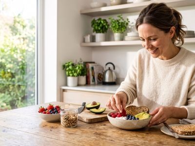 femme devant bol et assiette d'un petit-déjeuner composé de fruits rouges, avocat, céréales et pain complet, illustrant une alimentation riche en fibres