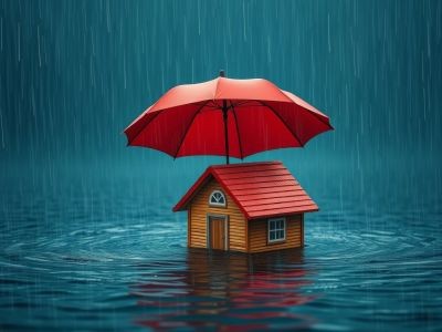 pluie tombant sur un parapluie protegeant une maison qui est dans l'eau