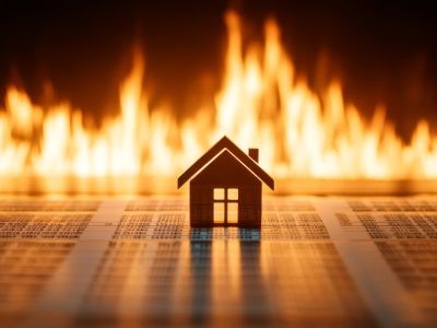 flammes derrière une maquette de maison posée sur des documents