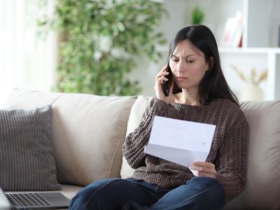 femme assise sur un canapé téléphone portable et papier à la main qui est mécontente