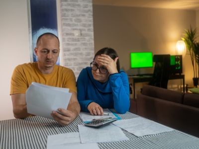 homme et femme assis devant une table regardant des papiers