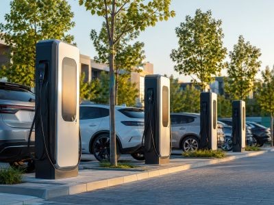 bornes de recharge de voitures électriques et voitures sur un parking arboré