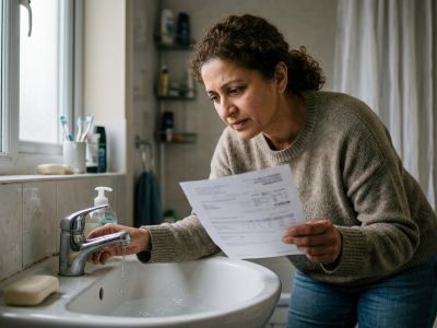 femme devant un lavabo tenant une feuille