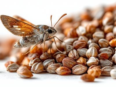 mite posée sur des grains de sarrasin en vrac