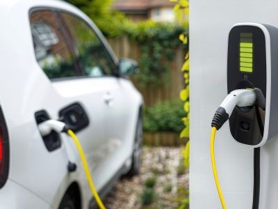 voiture électrique branchée à une borne posée sur un mur en train de recharger