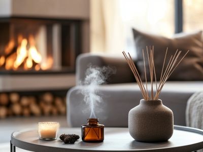 interieur salon cheminée avec feu de bois, table avec dessus bougie, batonnets d'encens