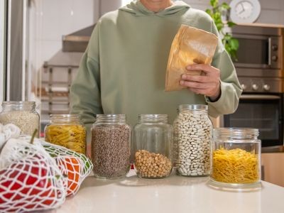 buste humain tenant un sachet papier devant une table avec plusieurs bocaux contenant des pâtes et graines et un filet avec des poivrons de couleurs différentes