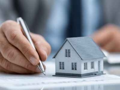 main tenant un stylo qui écrit sur un papier sur lequel est posé une maquette de maison