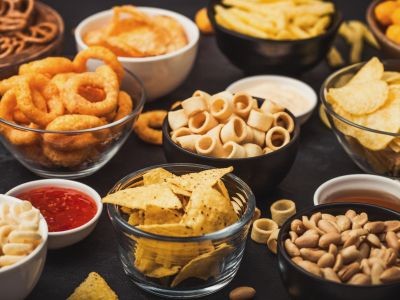 Assortiment de biscuits apéritifs : chips, bretzels, cacahuètes et soufflés salés dans des bols