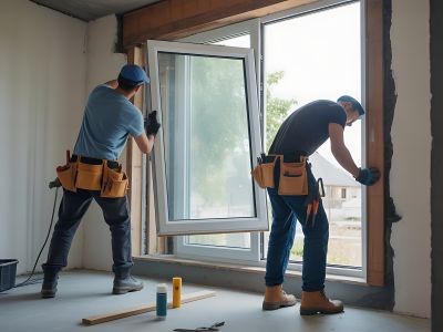 deux hommes portant une ceinture avec des outils qui change une fenêtre