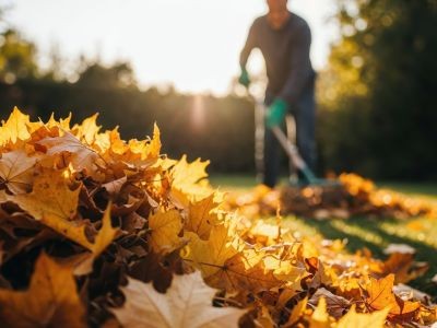 feuilles d'arbre mortes homme rateau