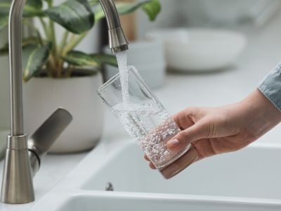 main qui tient un verre qui se remplit de l'eau qui sort du robinet d'un évier. Plante posée sur l'évier