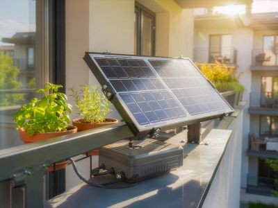 panneau solaire sur un balcon et plantes