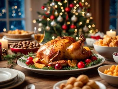 table assiettes dinde fruits noisettes sapin de noël
