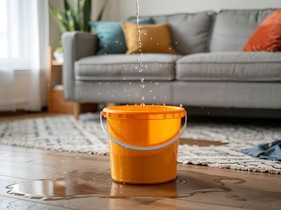 seau posé sur un parquet devant un tapis, un canapé avec des coussins et dans lequel coule de l'eau