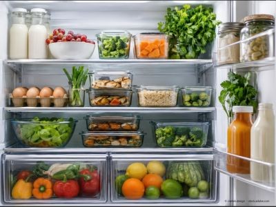 différents contenants avec des fruits et des légumes sur les étagères d'un réfrigérateur ouvert